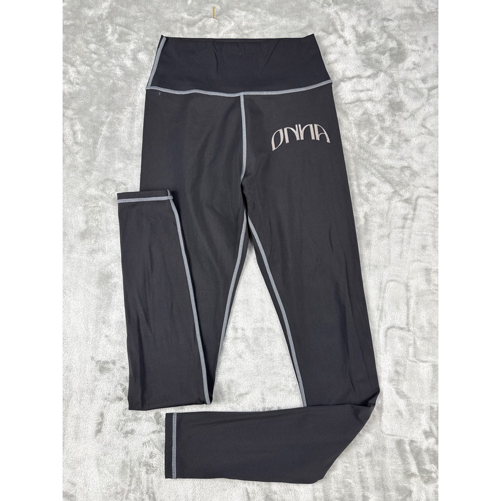 ONNA Womens High Waisted Compression Leggings Black Grey Contrast Stitch Small